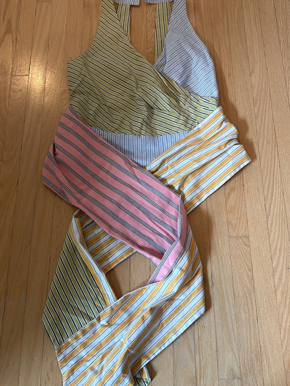 Anthropologie Maeve Striped Multi-Color Wrap Halter Top - Pink, Yellow, Blue xs